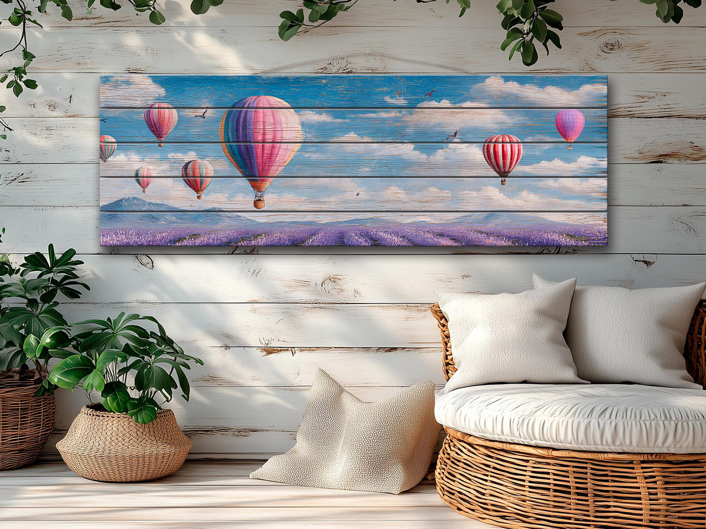 Romantic Hot Air Balloons Over Lavender Fields Print on Natural Wood, Soft Tone Painting, Soft Tones Balloons Wall Art, Wood Wall Art