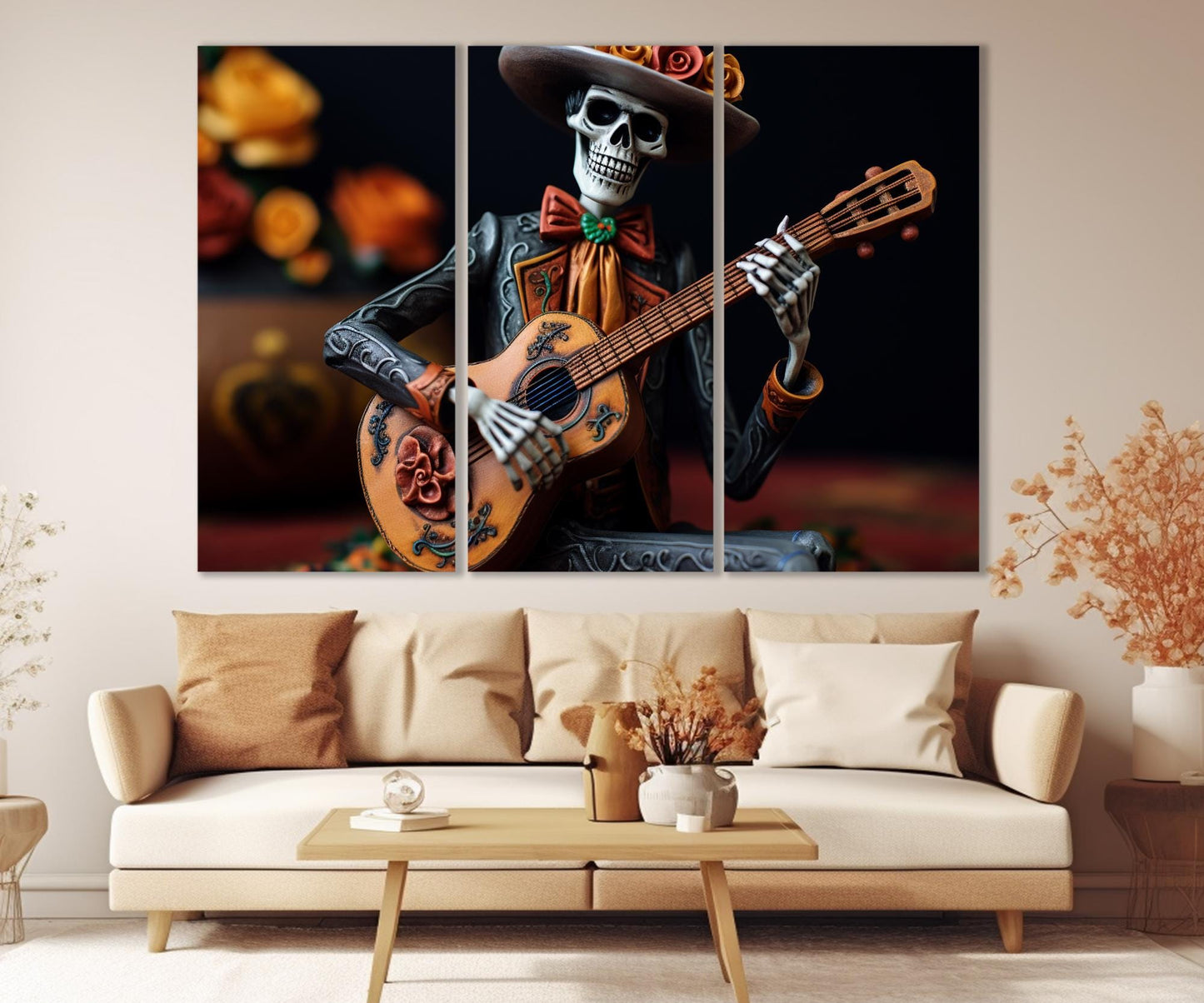 Skeleton Guitar Canvas – Framed Canvas Print | Day of the Dead Wall Art Decor