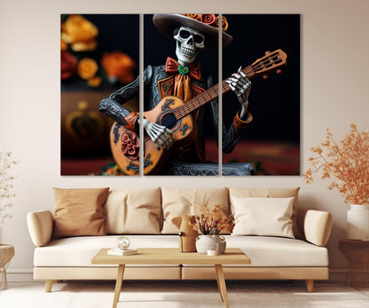 Skeleton Guitar Canvas – Framed Canvas Print | Day of the Dead Wall Art Decor