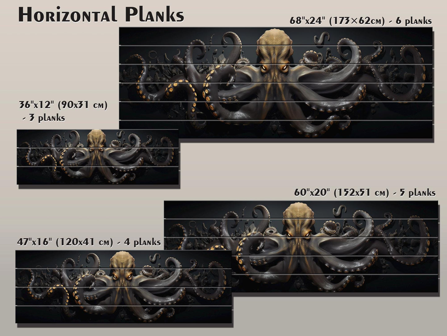 Black And Gold  Octopus Printed On  Natural Wood – Nautical Wall Decor