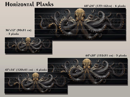 Black And Gold  Octopus Printed On  Natural Wood – Nautical Wall Decor