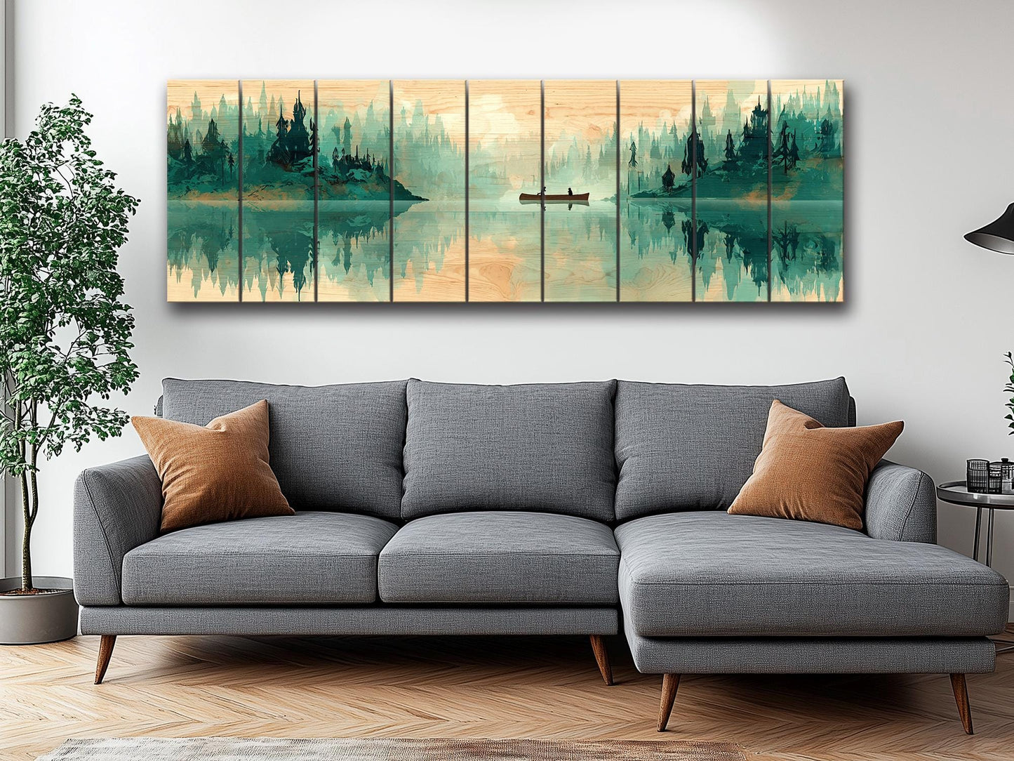 Canoe Waterfall Wall Art – Misty Forest Landscape Print on Wood with Rustic Cabin Decor