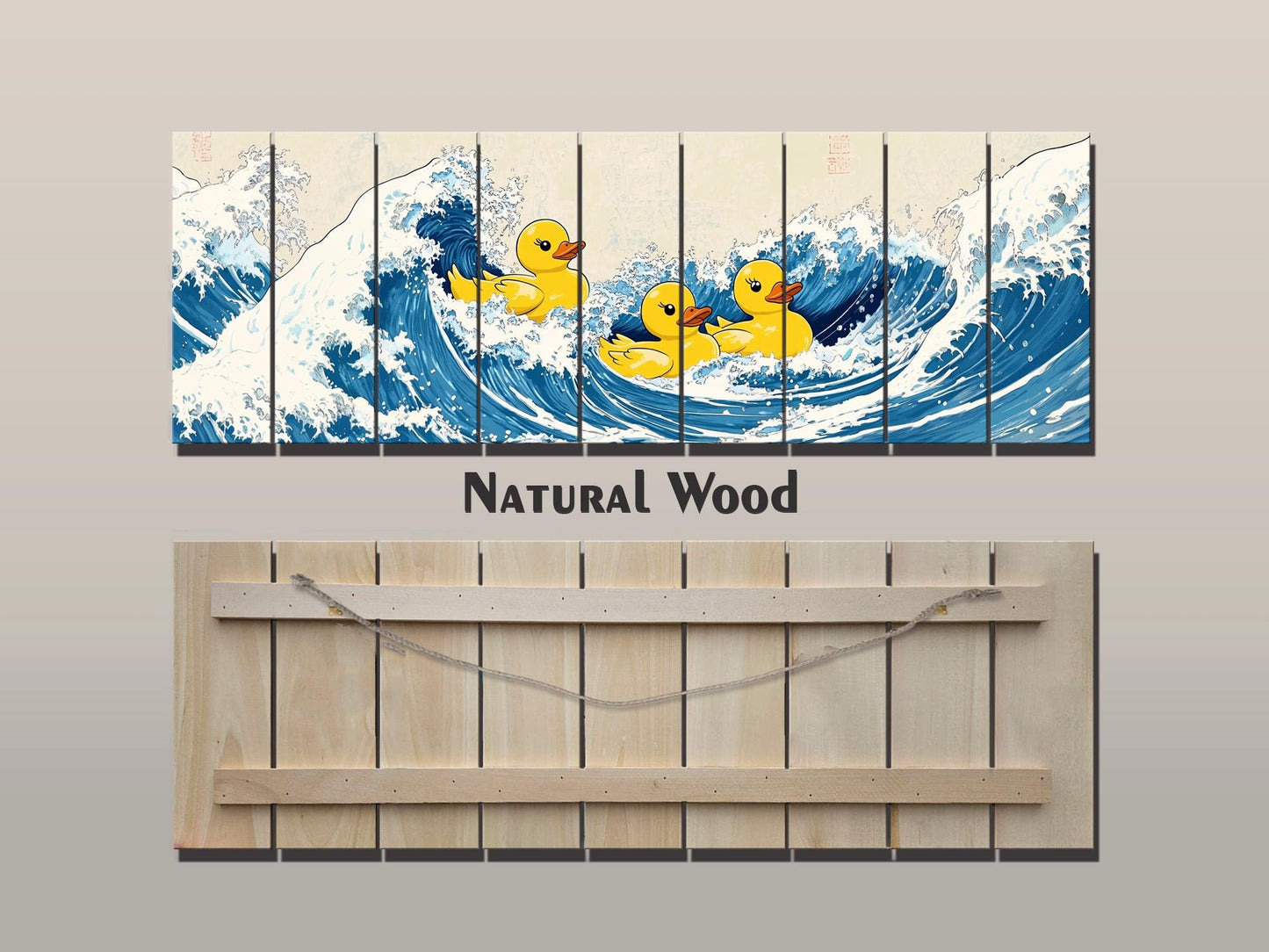 Rubber Ducks on The Great Wave off Kanagawa Print on Natural Wood – Fun Wall Art
