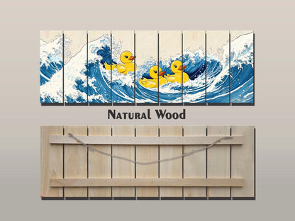 Rubber Ducks on The Great Wave off Kanagawa Print on Natural Wood – Fun Wall Art