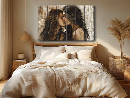 Abstract LGBT Kiss Painting Printed on Natural Wood, Erotic Wall Art, LGBT Sexy Wall Art, Gay Wall Decor, Wood in Interior, Wood Wall Art