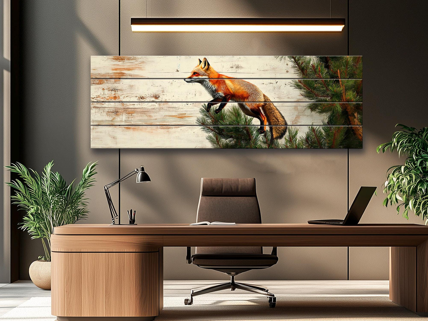 Fox Wall Art – Rustic Wood Wall Art Featuring Fox on Pine Tree Print