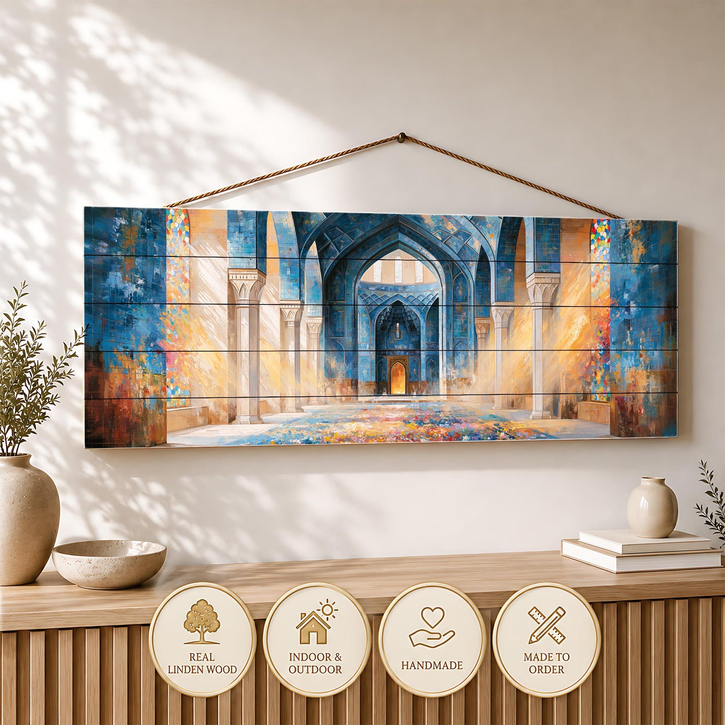 a large, colorful painting of an ornate, arched doorway hanging on a wall, with a wooden shelf below it displaying decorative items.