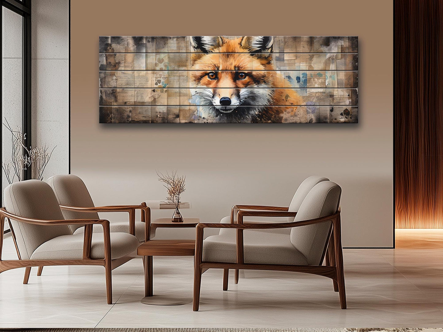 Fox Print Wood - Rustic Wood Art | Woodland Wall Decor With Beige Forest Painting