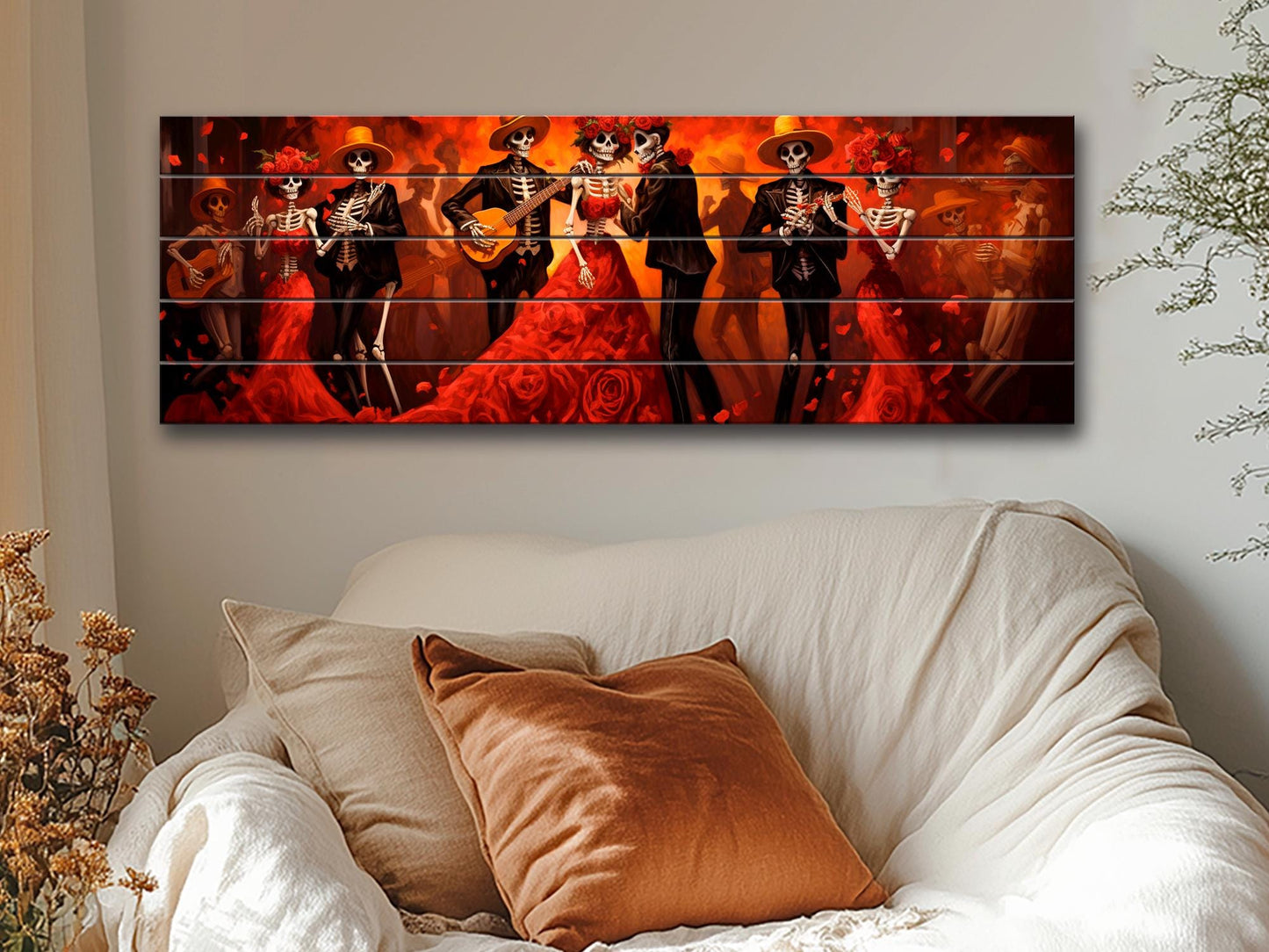 Day of Dead Wall Art – Skeleton Dance Painting on Wood | Mexican Wall Decor