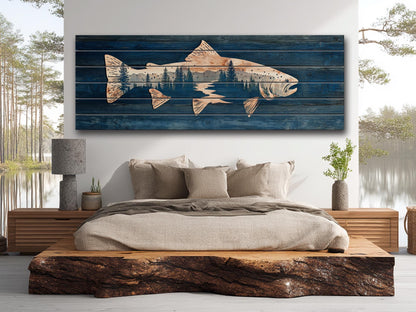 Trout Silhouette with Pine Forest Print on Wood, Rustic Fishing Wall Art
