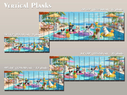 Dog Pool Wall Art – Colorful Summer Dog Print on Natural Wood – Playful Party Scene