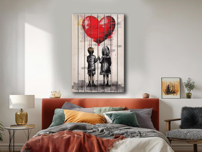 Wood Wall Art – Girl And Boy Balloon Graffiti Wood Print | Banksy Style Urban Decor