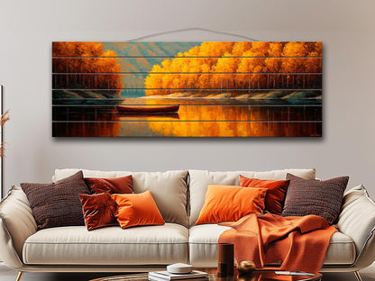 Wood Wall Art – Tranquil Lake Canoe Print on Natural Wood with Rustic Autumn Landscape