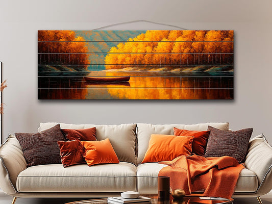 Wood Wall Art – Tranquil Lake Canoe Print on Natural Wood with Rustic Autumn Landscape