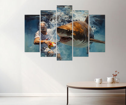 Water Polo Canvas Print – Abstract Water Polo Wall Art with Shark, Framed & Ready to Hang