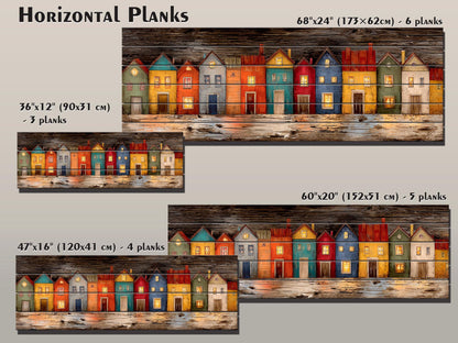 Wood Wall Art – Colorful Houses Print on Natural Wood with Glowing Windows