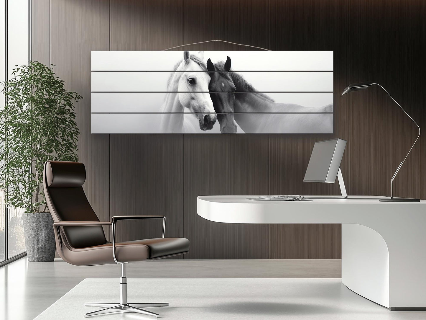 Wooden Wall Art – Black and White Horses Couple Print on Natural Wood Planks