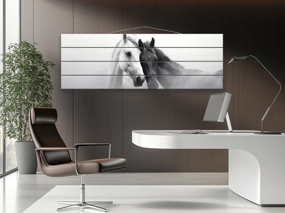 Wooden Wall Art – Black and White Horses Couple Print on Natural Wood Planks