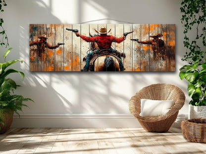 Wild West Wall Art - Retro Style Cowboys Painting Printed on Natural Wood, Western Wall Decor, Western Movie Lover Gift, Wild West Print