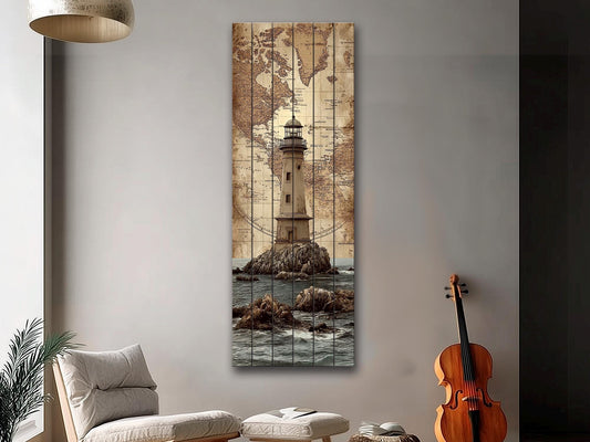 Vintage Lighthouse Print on Wood – Nautical Wall Art with World Map, Beige and Brown Coastal Decor