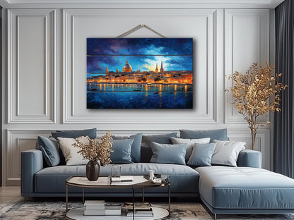 Wooden Wall Art - Rustic Valletta Skyline Print on Natural Wood Planks