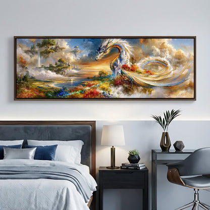 a large, colorful painting of a dragon-like creature in a fantastical landscape, hanging on a wall above a bed with a gray headboard.