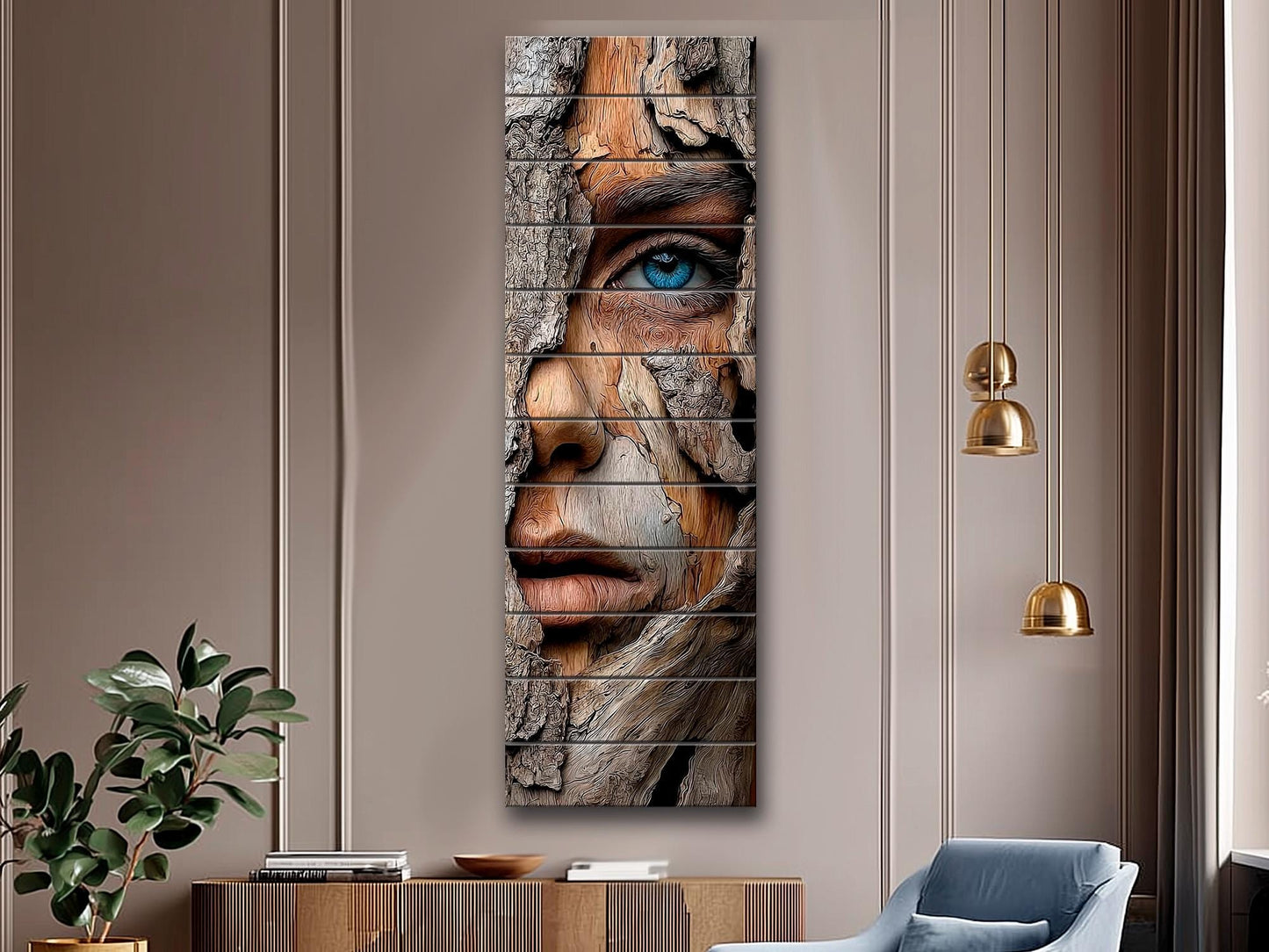 Beautiful Woman Face Print on Wood – Carved Bark Wall Art, Rustic Wall Decor