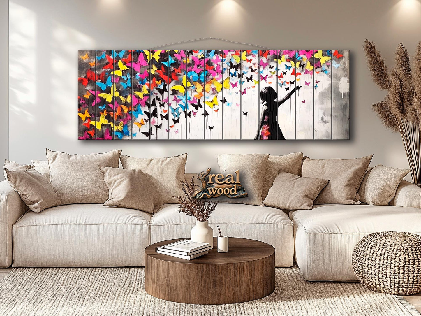 Wood Wall Art | Urban Street Art Print on Natural Wood Plank with Butterflies