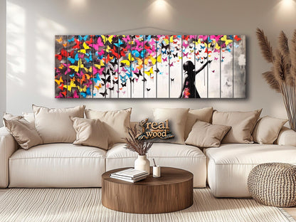 Wood Wall Art | Urban Street Art Print on Natural Wood Plank with Butterflies