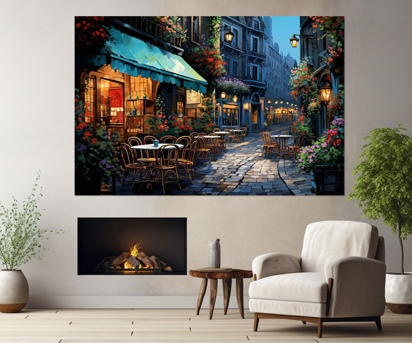 French Street Painting - Romantic Wall Art | Framed Canvas Print Ready to Hang