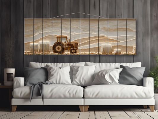 Vintage Tractor Wood Art – Rustic Barn Print on Beige Wood Plank Wall Decor