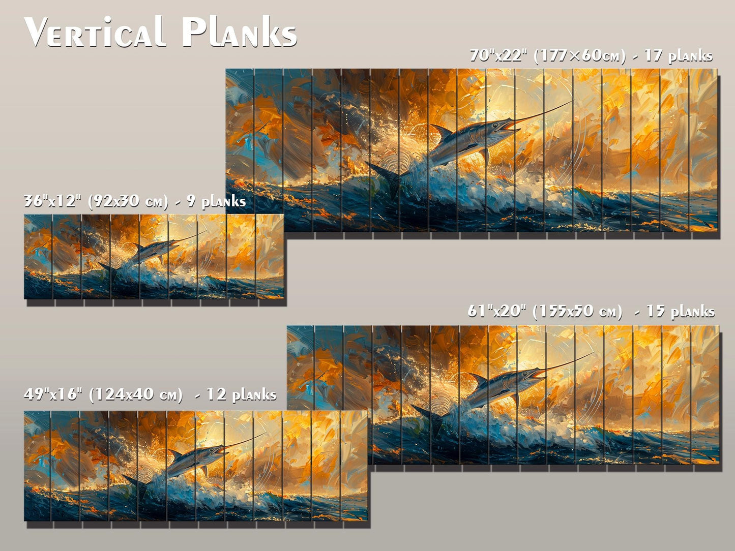 Marlin Wood Wall Art – Colorful Marlin Print on Natural Wood Planks