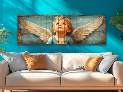 Christian Wall Art - Rustic Angel Painting on Natural Wood | Bible Wall Decor