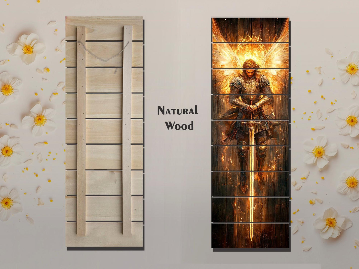 Saint Michael the Archangel Painting Printed on Natural Wood – Rustic Religious Print, Christian Wall Decor, Religious Wall Art