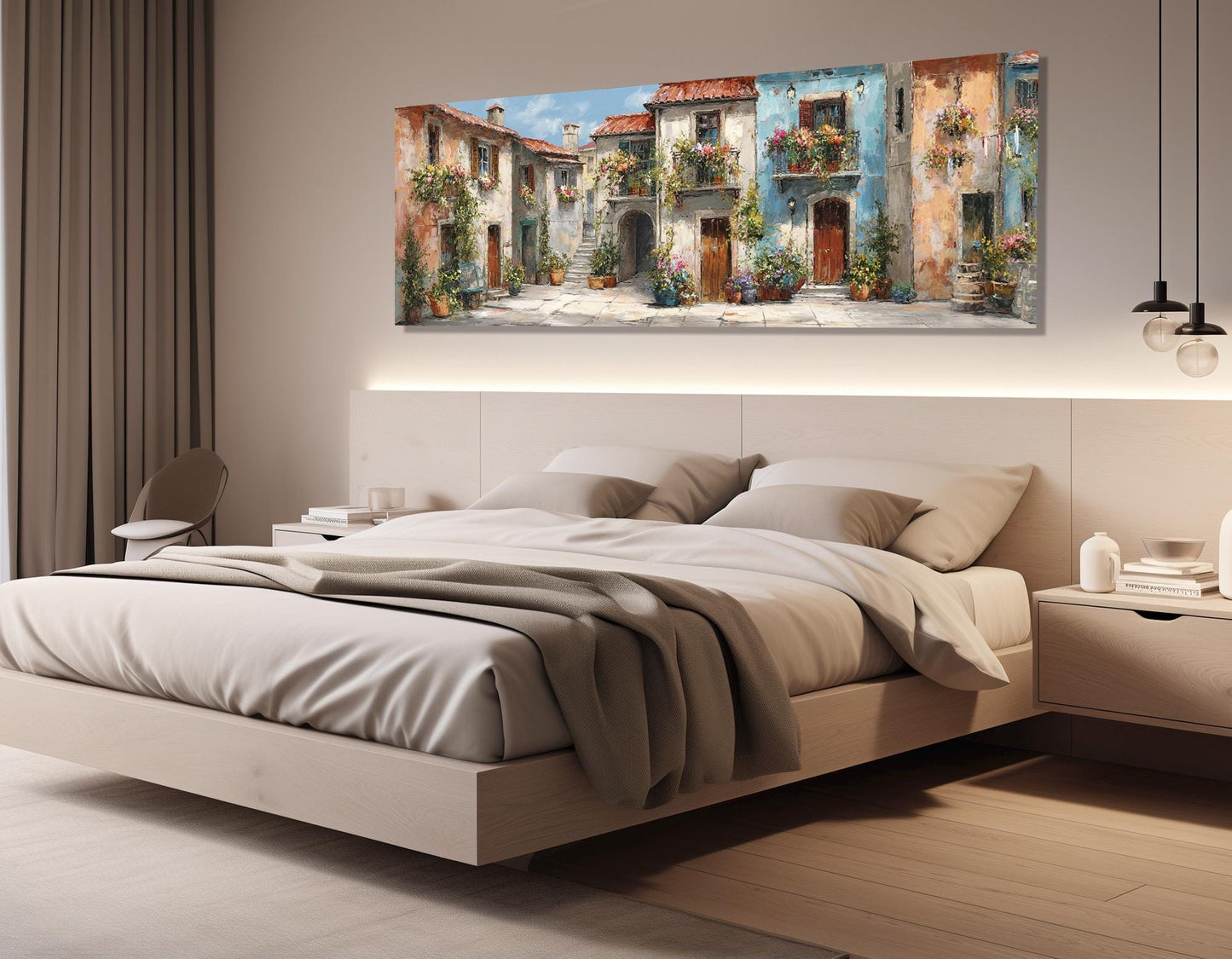 Italian Town Street Canvas – Framed Cotton Print With Flower Balconies Art & Floating Frame