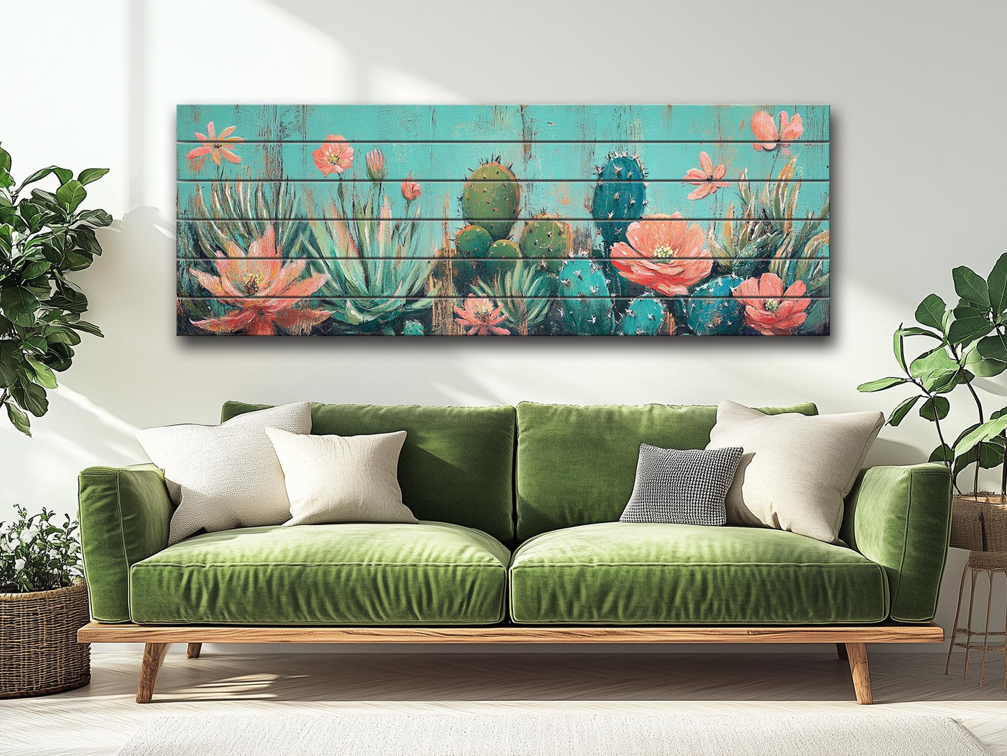 Cacti Garden with Blooming Succulents Print on Natural Wood, Rustic Flowers Painting, Cozy Cabin Wall Decor, Cactus Painting, Wood Wall Art