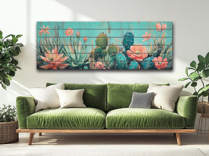 Cacti Garden with Blooming Succulents Print on Natural Wood, Rustic Flowers Painting, Cozy Cabin Wall Decor, Cactus Painting, Wood Wall Art