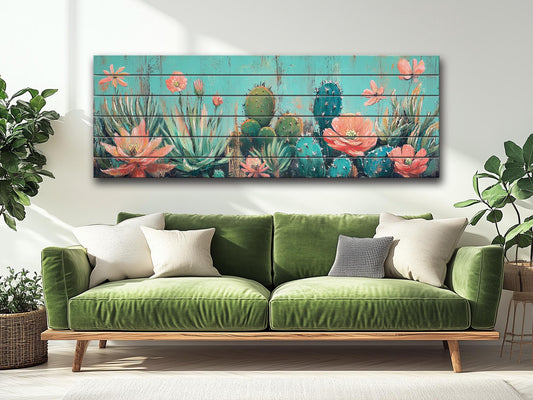 Cacti Garden with Blooming Succulents Print on Natural Wood, Rustic Flowers Painting, Cozy Cabin Wall Decor, Cactus Painting, Wood Wall Art