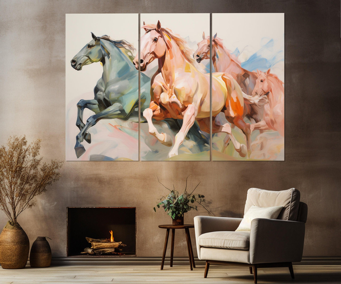 Abstract Horses Painting - Framed Horse Wall Art | Canvas Horse Print, Modern Decor