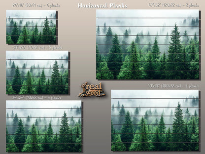 Rustic Wood Wall Art - Pine Forest Print on Natural Wood Planks | Misty Foggy Decor