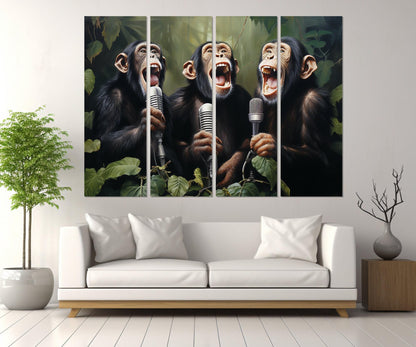 Singing Monkeys Canvas – Funny Music Art Framed Canvas Print Ready to Hang