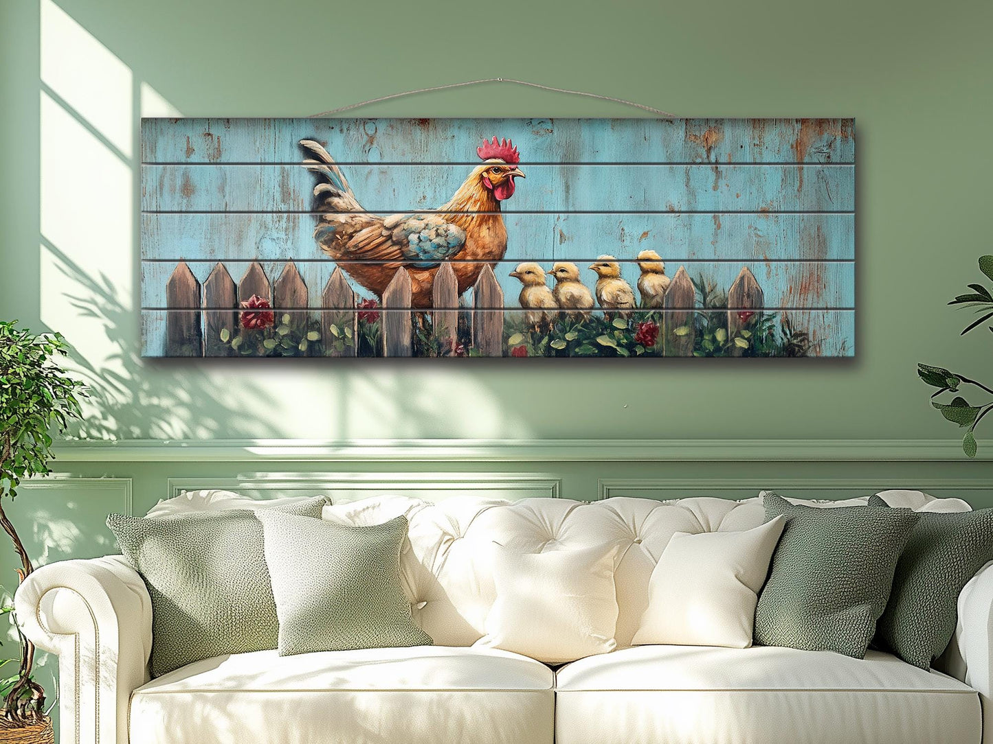 Rustic Wood Wall Art - Hen with Chicks Print on Natural Wood, Farmhouse Painting, Chicken Farm Decor, Chicken Coop Farmhouse Wall Decor