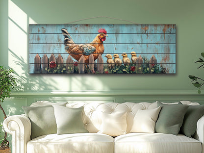 Rustic Wood Wall Art - Hen with Chicks Print on Natural Wood, Farmhouse Painting, Chicken Farm Decor, Chicken Coop Farmhouse Wall Decor