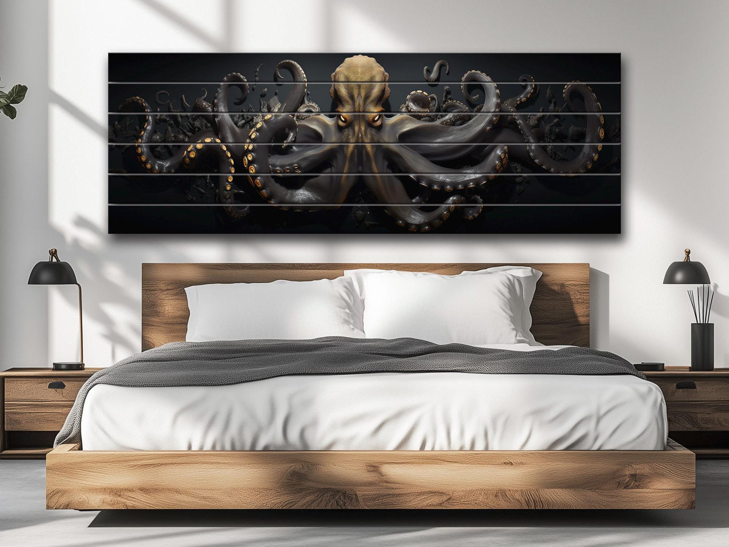 Black And Gold  Octopus Printed On  Natural Wood – Nautical Wall Decor
