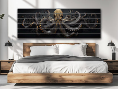 Black And Gold  Octopus Printed On  Natural Wood – Nautical Wall Decor