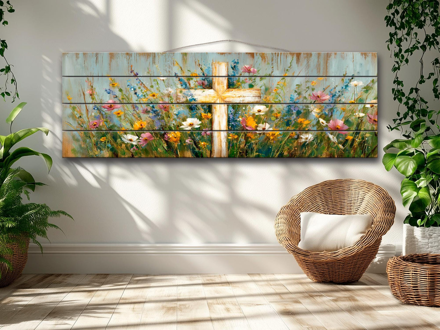 Christian Wood Wall Art – Rustic Cross Painting | Handcrafted Wildflower Wood Plank Artwork