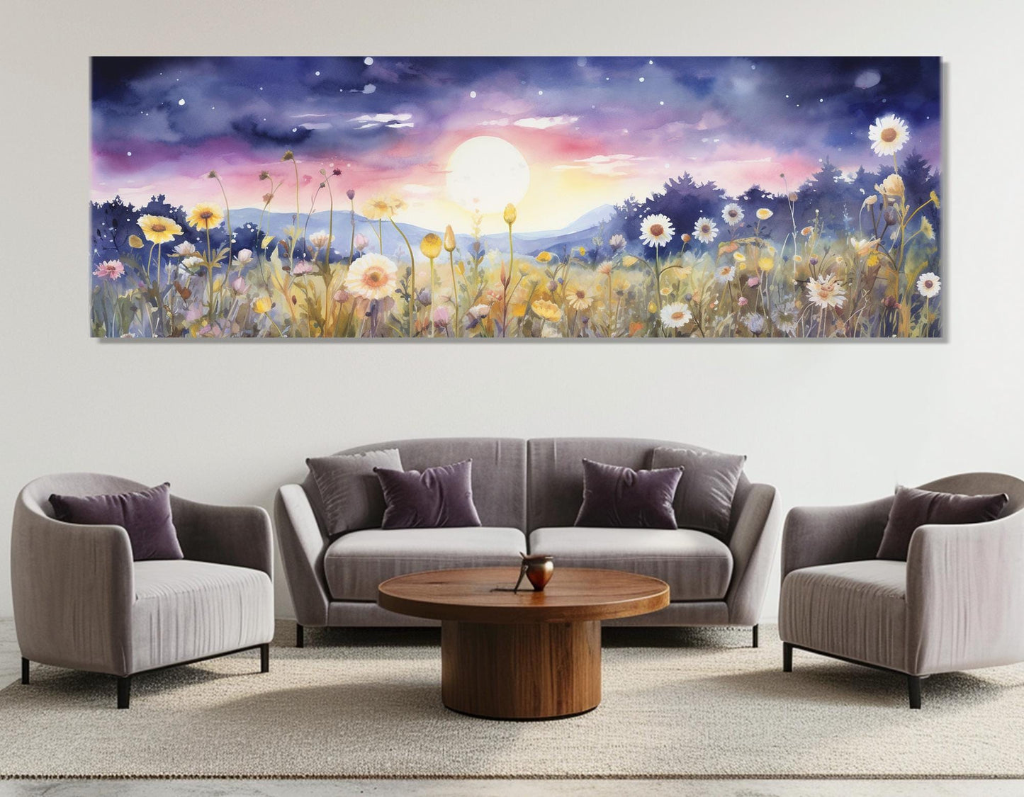 Wildflowers Field Canvas Print – Full Moon Floral Wall Decor | Framed Gallery Wrapped