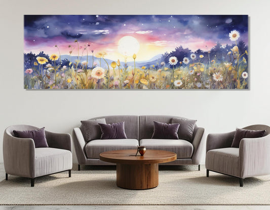 Wildflowers Field Canvas Print – Full Moon Floral Wall Decor | Framed Gallery Wrapped