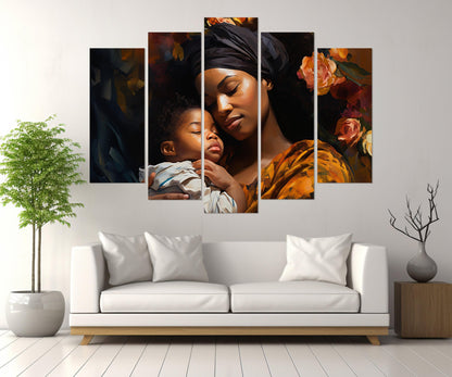 African Woman Canvas Print – Framed Black Woman Wall Art | Maternal Love Artwork