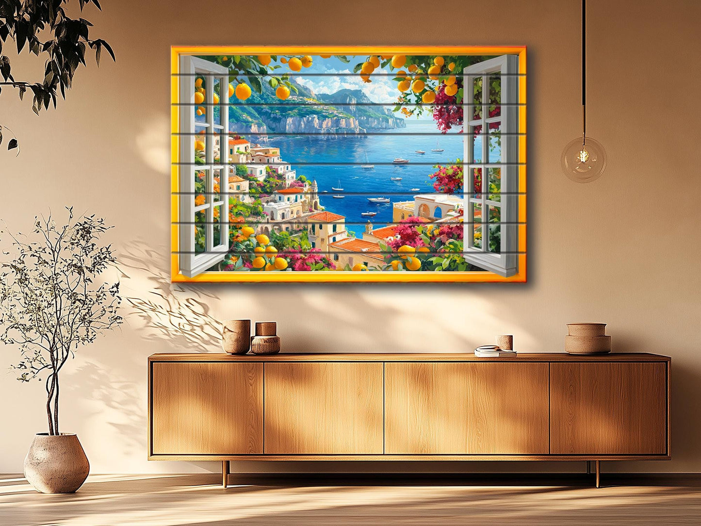 Amalfi Coast Wall Art - Rustic Wood Plank Artwork With Window View Print